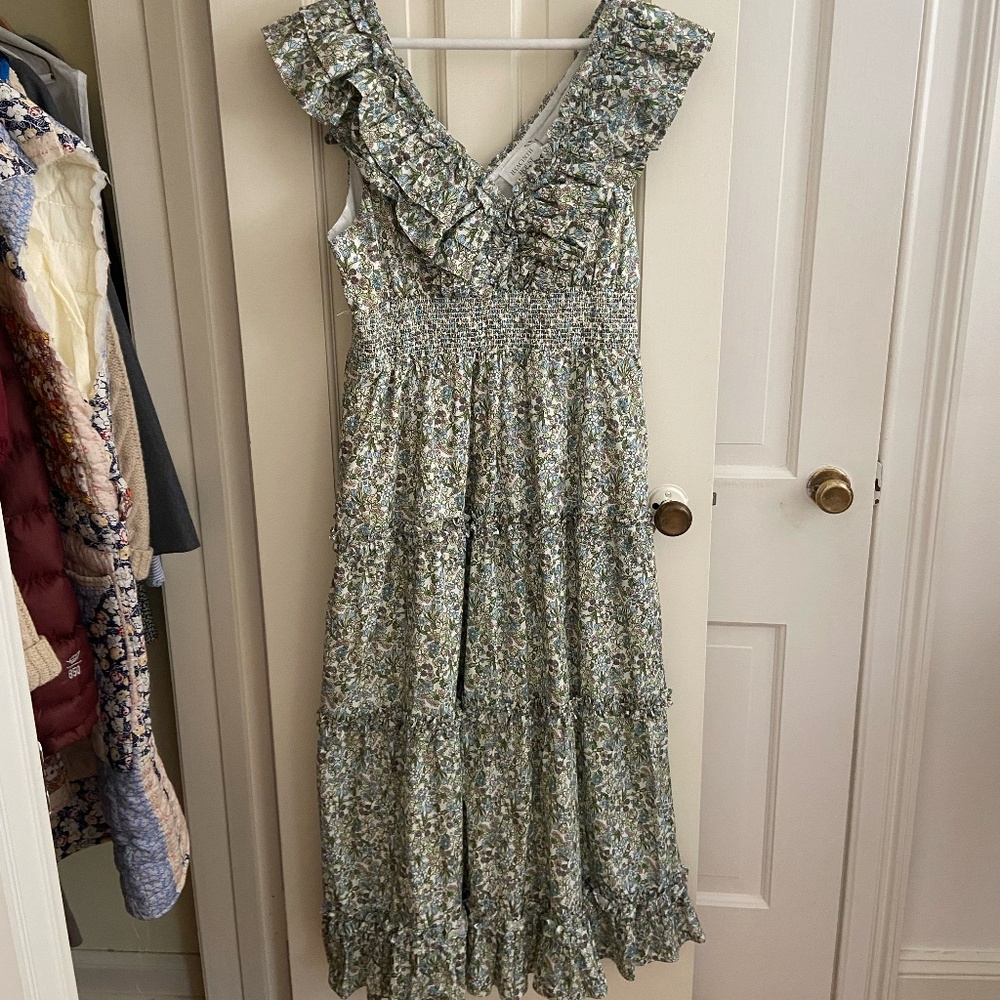 Tuckernuck Hyacinth House Green Floral Ruffle V-Neck Rhodes Midi Dress